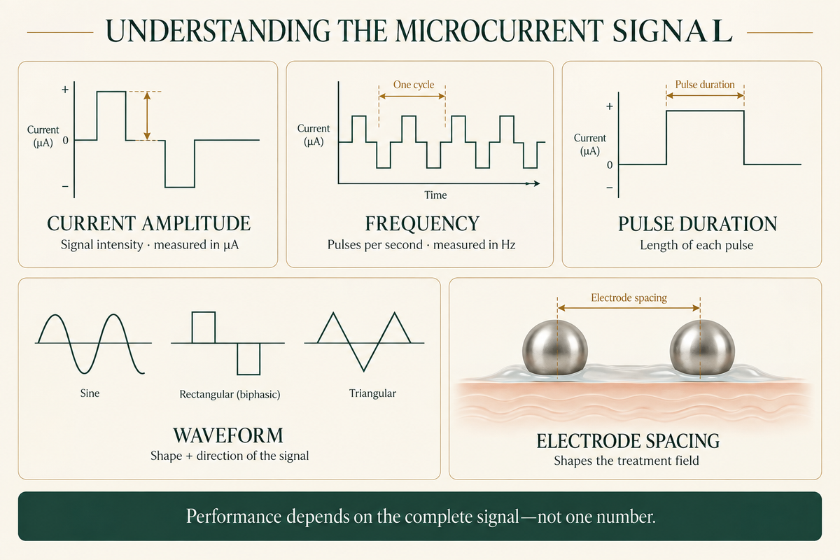Electrical signal specifications including amplitude, frequency, pulse duration and waveform
