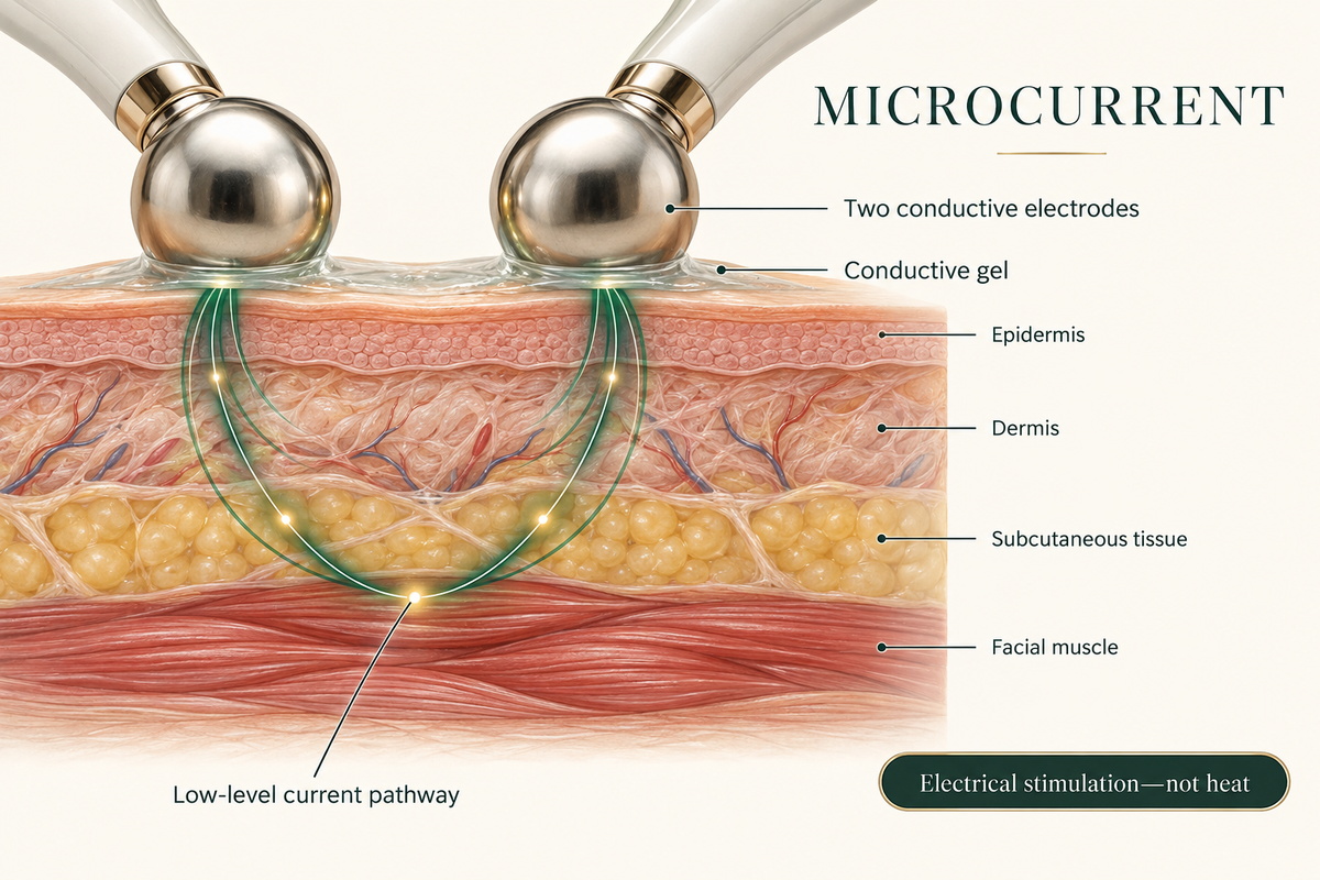 Electrical stimulation pathway through skin layers to facial muscle