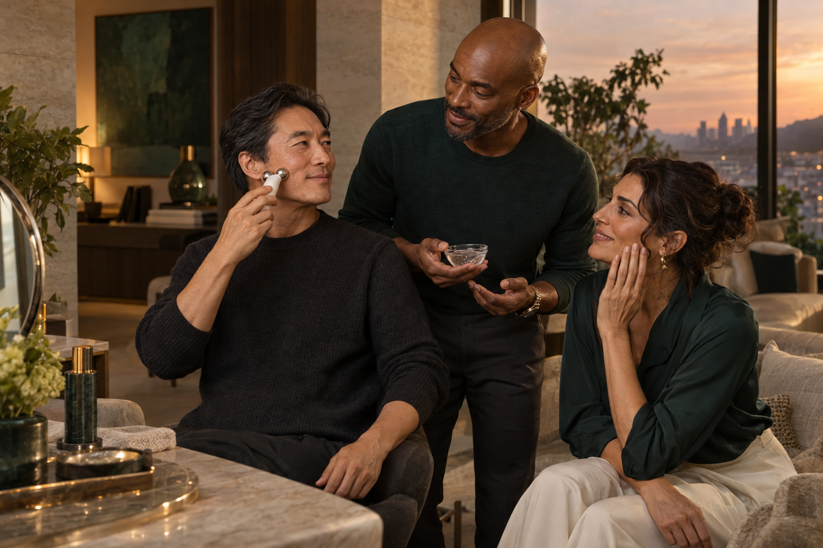 Friends sharing an electrical facial-stimulation skincare ritual